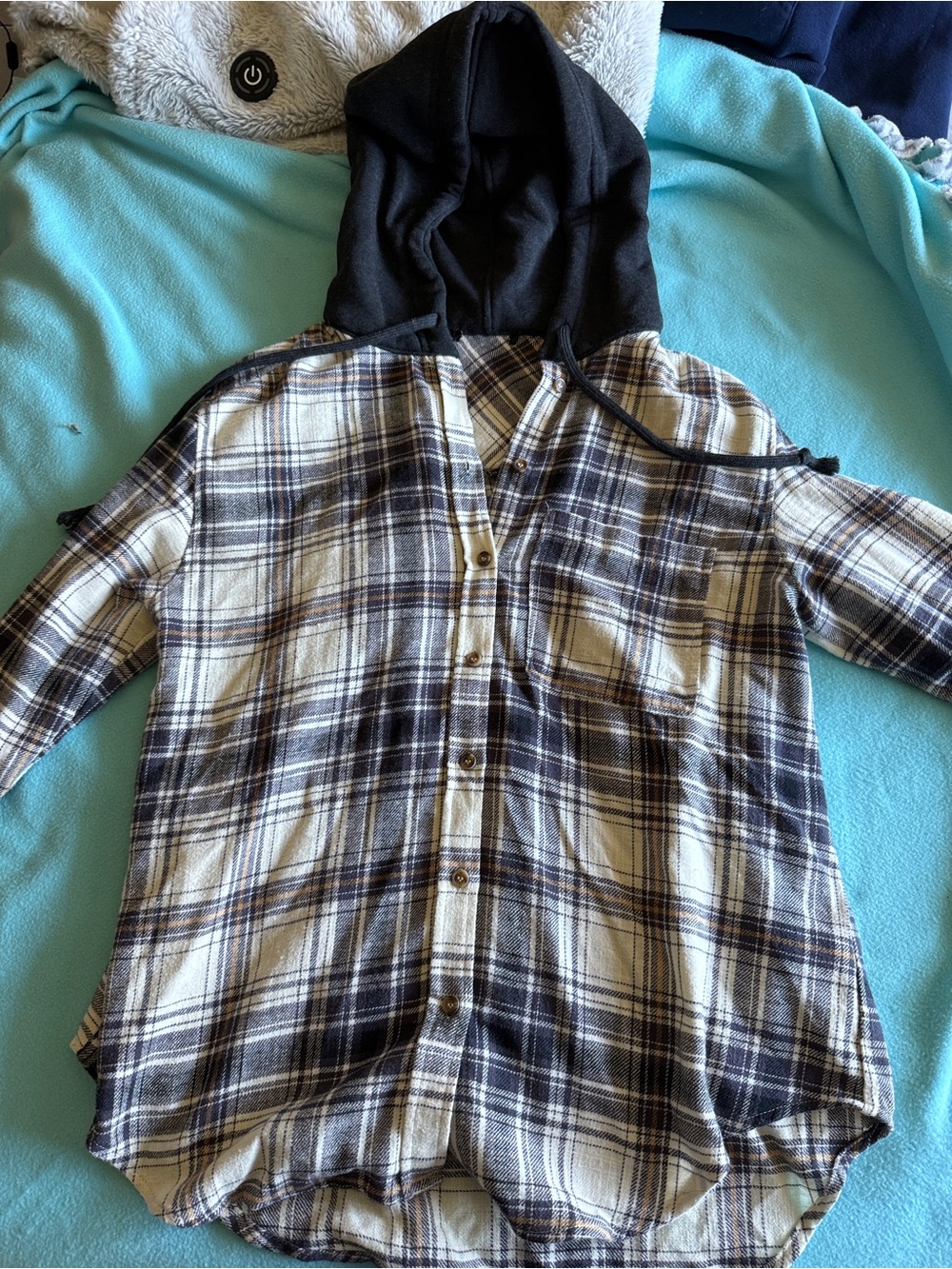 Tilly's Black & Cream Plaid Hooded Button-Down Shirt
